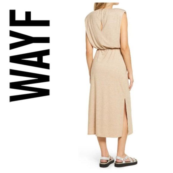 NEW Padded Shoulder Midi Dress WAYF XL in Sand - Picture 2 of 10